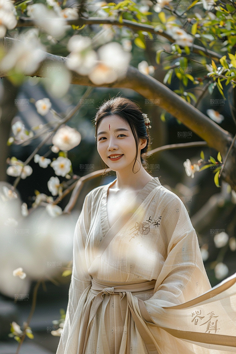 花卉汉服人物园林写真摄影图