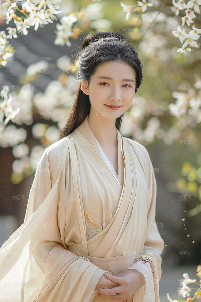 花卉汉服人物写真园林摄影图