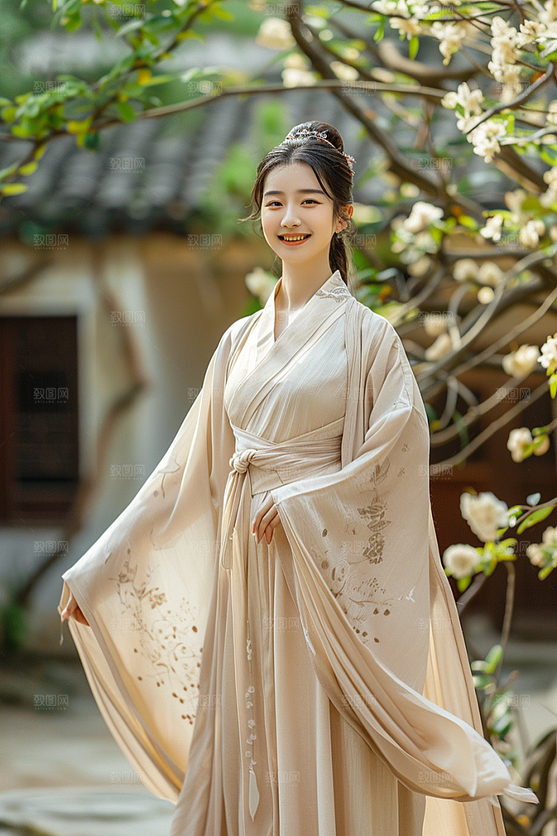 花卉汉服人物古风美景摄影图