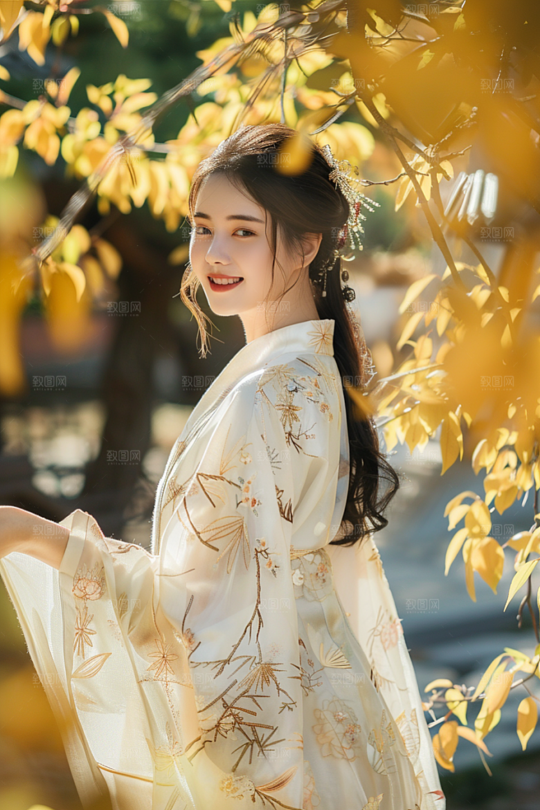 花卉汉服人物古风花丛摄影图