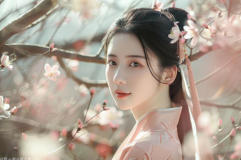 花卉汉服人物花丛唯美摄影图