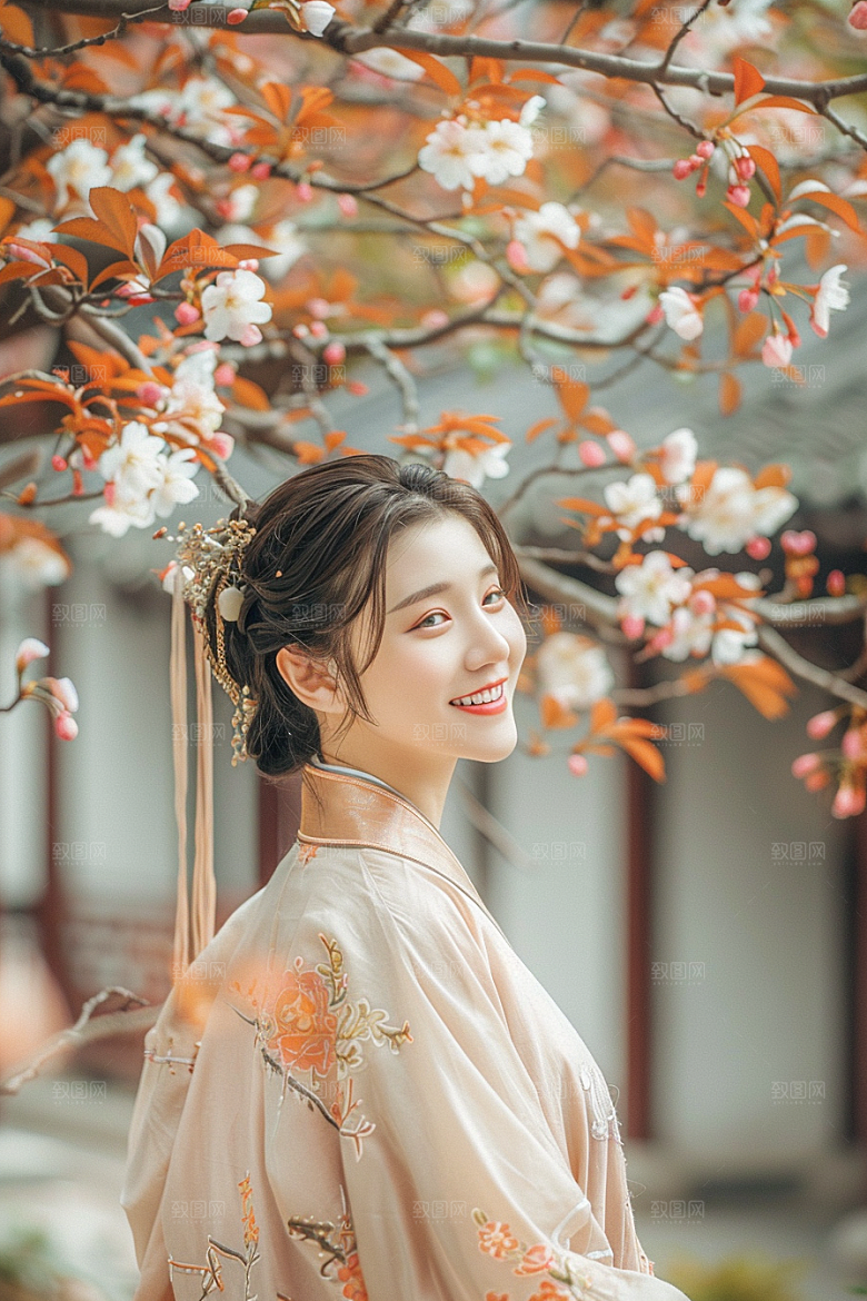 花卉汉服人物浪漫人像摄影图