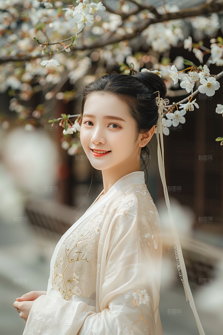 花卉汉服人物唯美园林摄影图