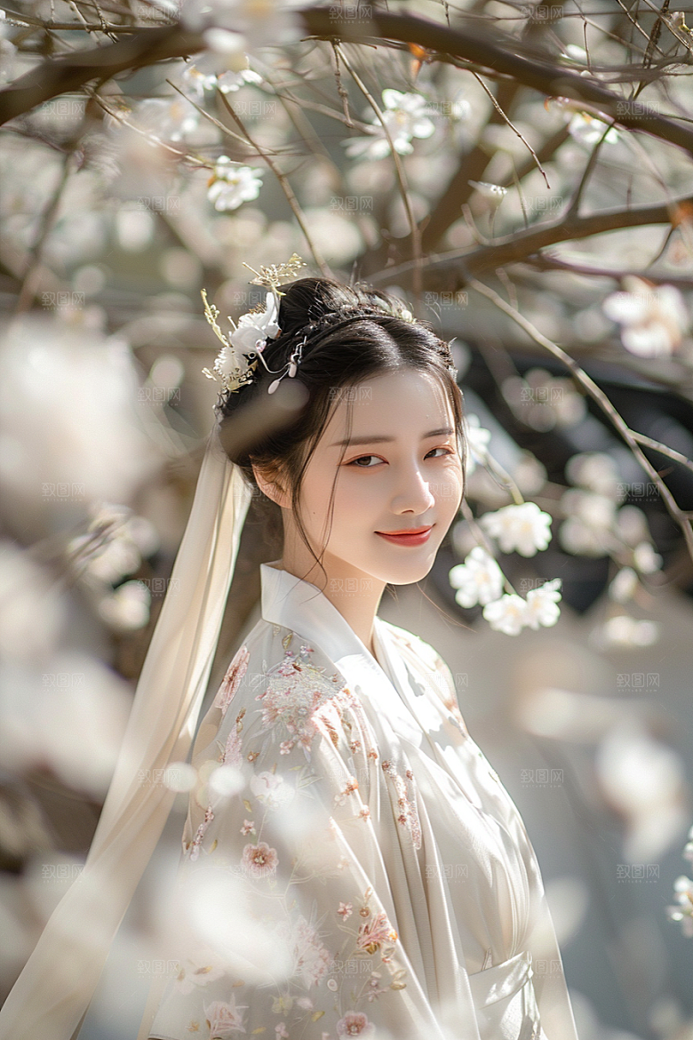 花卉汉服人物园林唯美摄影图