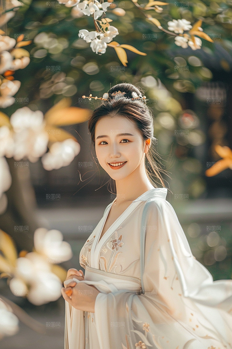 花卉汉服人物浪漫写真摄影图