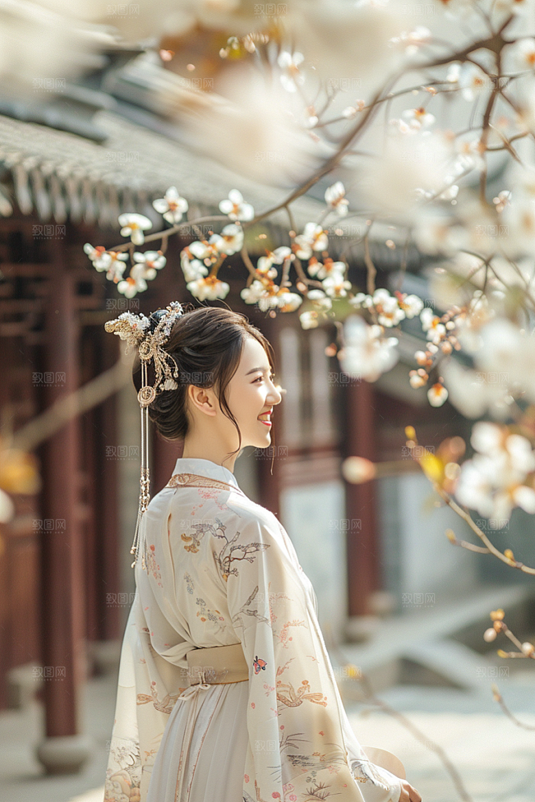 花卉汉服人物浪漫人像摄影图