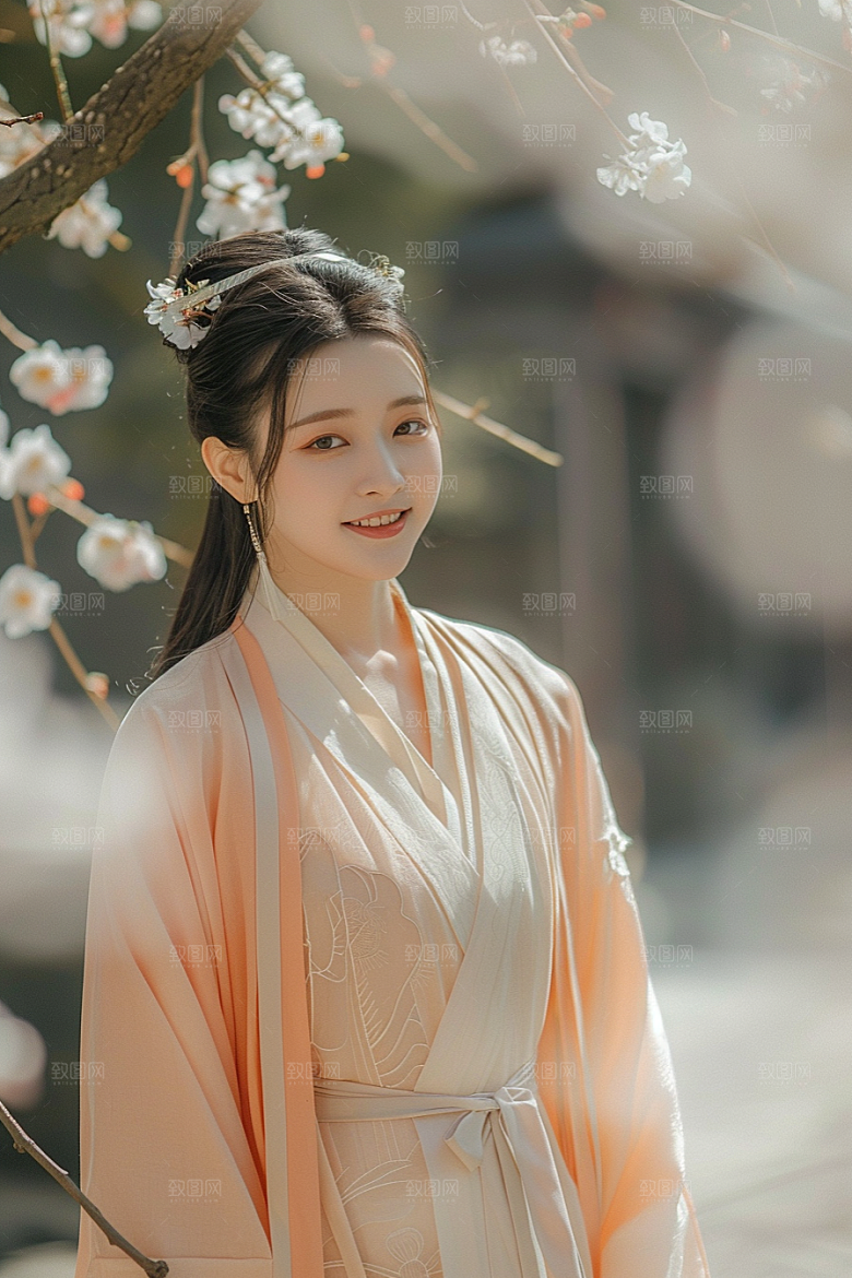 花卉汉服人物唯美园林摄影图