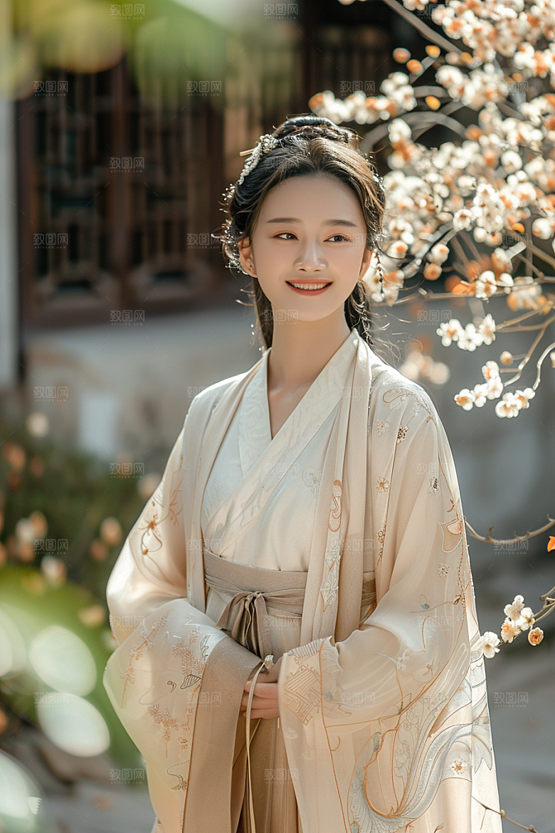 花卉汉服人物花丛唯美摄影图