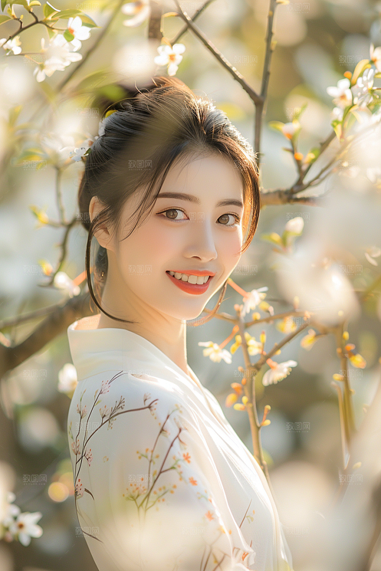 花卉汉服人物花丛唯美摄影图