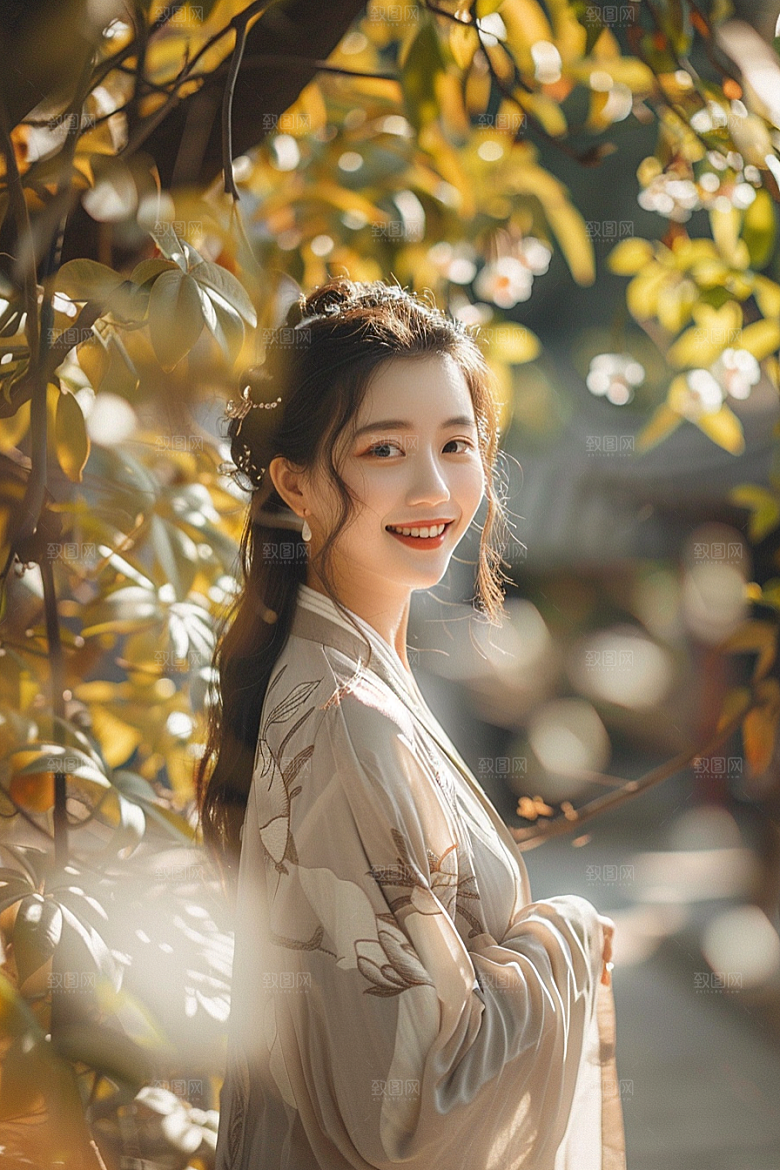 花卉汉服人物高清园林摄影图