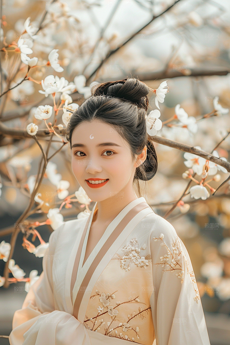 花卉汉服人物花丛人像摄影图