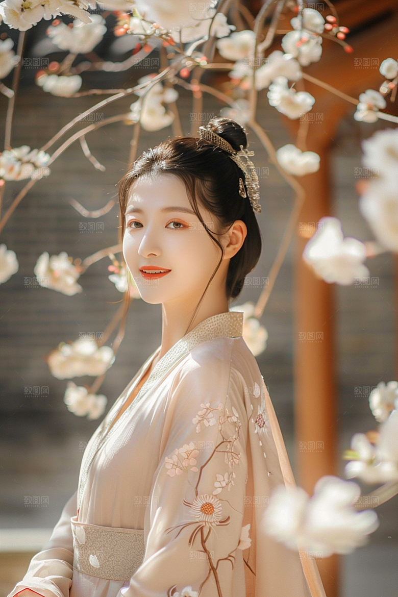 花卉汉服人物花丛中国风摄影图