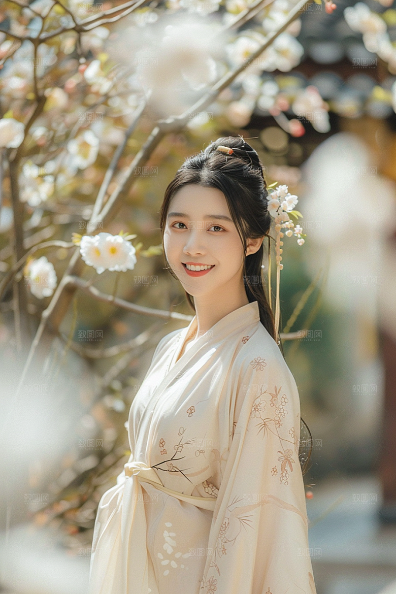 花卉汉服人物中国风美景摄影图