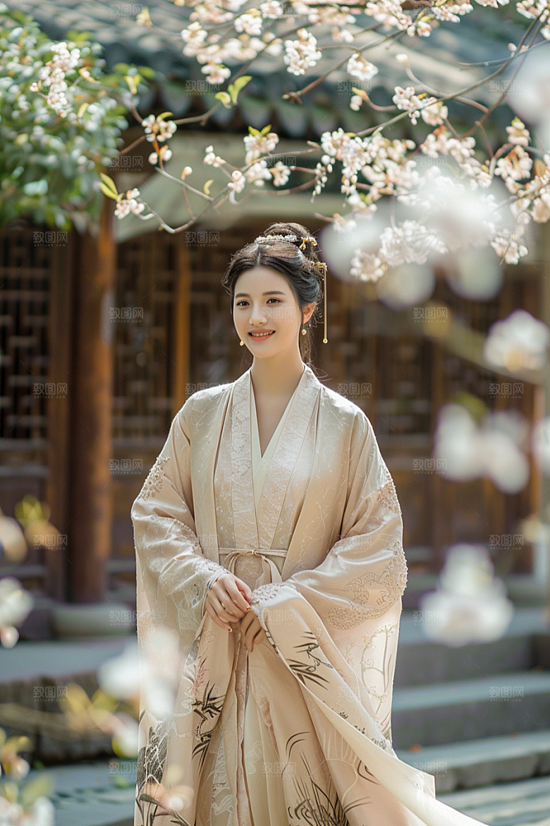 花卉汉服人物园林浪漫摄影图