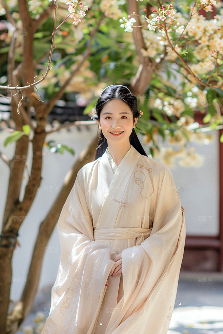 花卉汉服人物园林高清摄影图