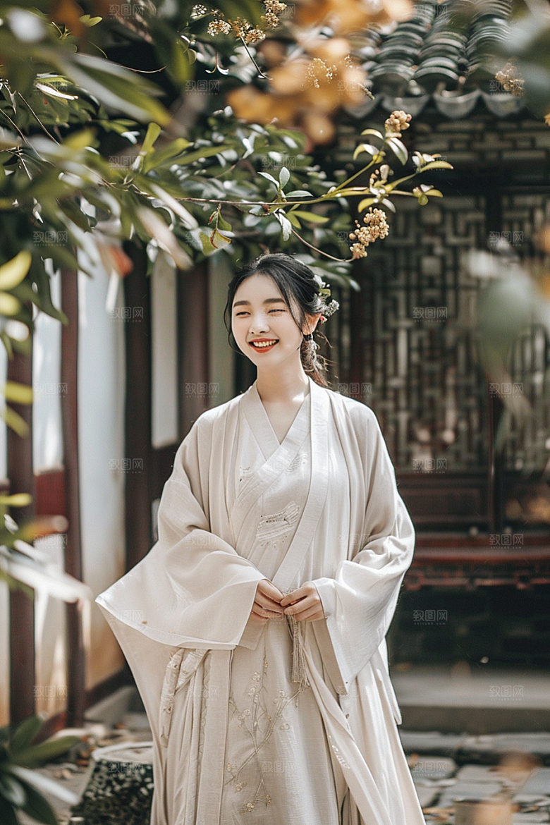 花卉汉服人物美景中式摄影图