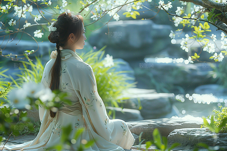 花卉汉服人物古风花丛摄影图