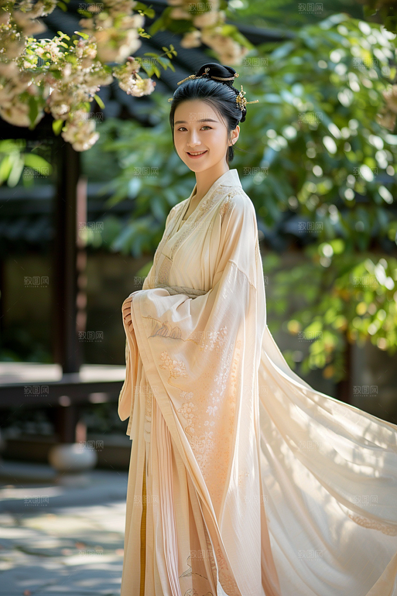 花卉汉服人物浪漫园林摄影图