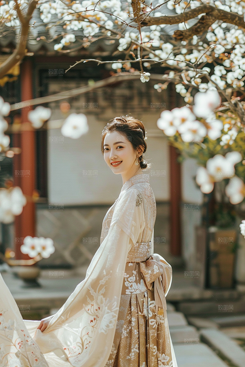 花卉汉服人物花丛中式摄影图