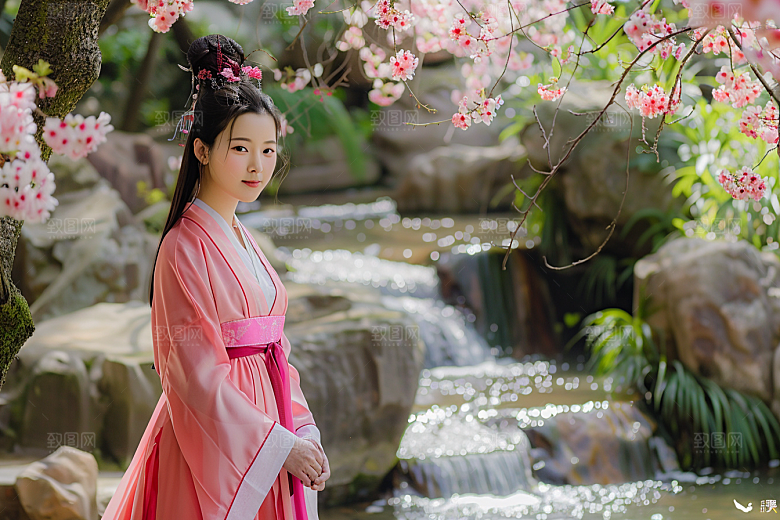 花卉汉服人物园林美景摄影图