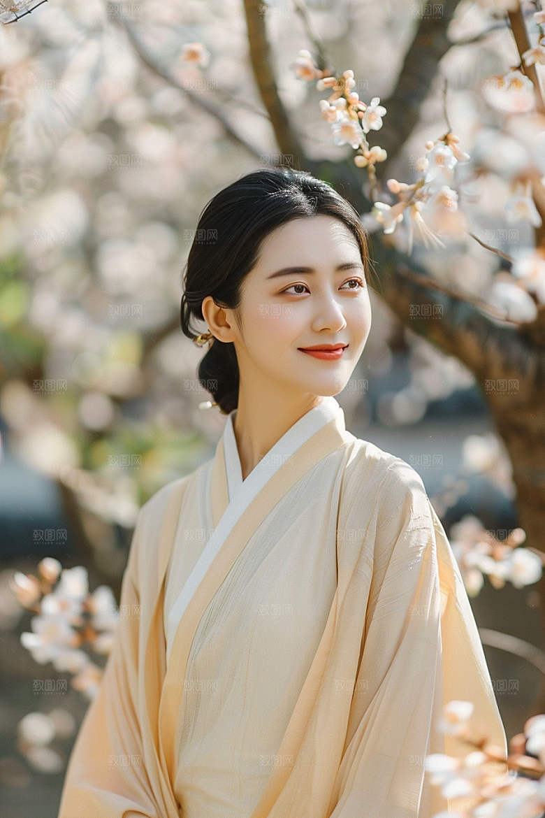 花卉汉服人物园林唯美摄影图