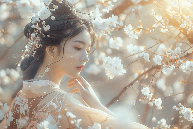 花卉汉服人物园林美景摄影图