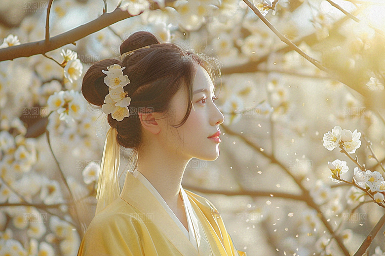 花卉汉服人物花丛写真摄影图