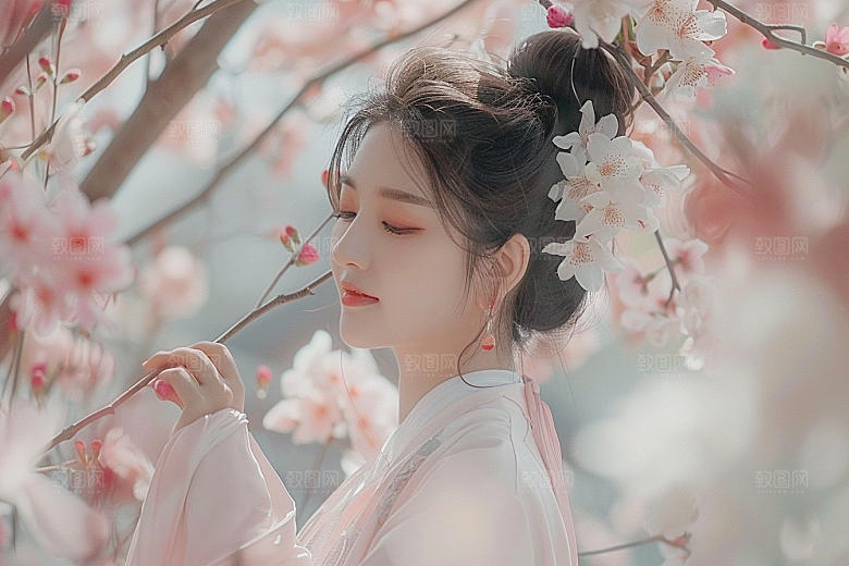 花卉汉服人物古风花丛摄影图