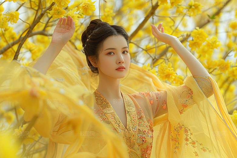 花卉汉服人物园林写真摄影图