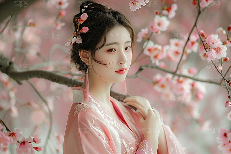 花卉汉服人物浪漫花丛摄影图