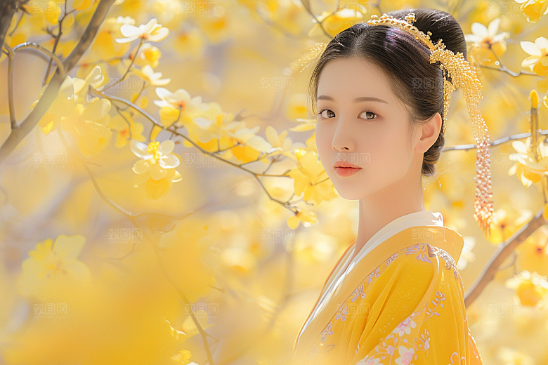 花卉汉服人物园林中国风摄影图