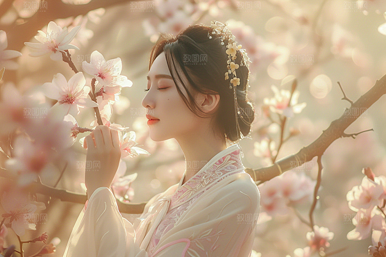 花卉汉服人物中国风花丛摄影图