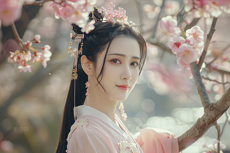 花卉汉服人物中式美景摄影图