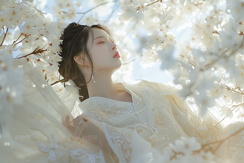 花卉汉服人物美女园林摄影图