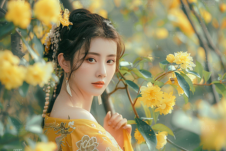 花卉汉服人物美景花丛摄影图