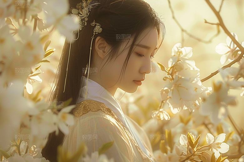 花卉汉服人物花丛人像摄影图