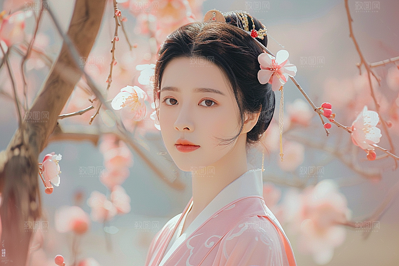 花卉汉服人物美女美景摄影图