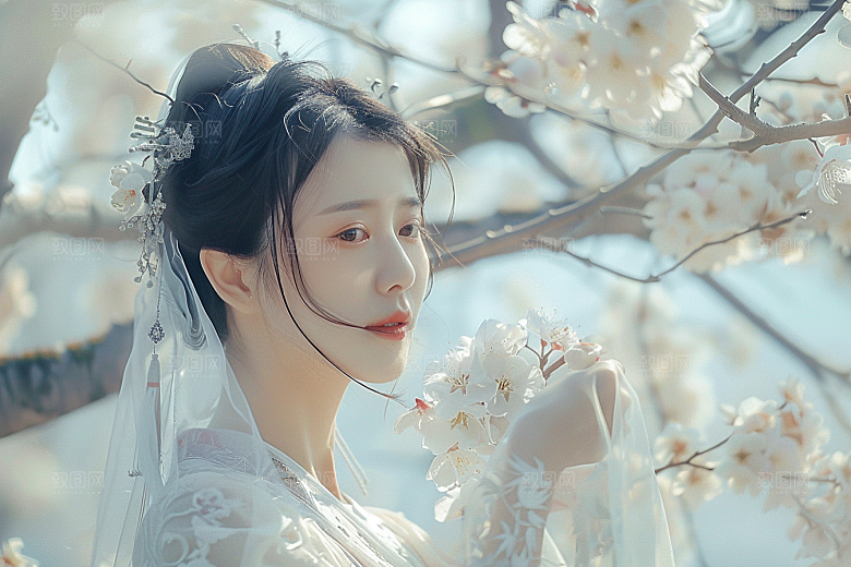 花卉汉服人物花丛人像摄影图