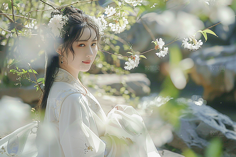 花卉汉服人物园林人像摄影图