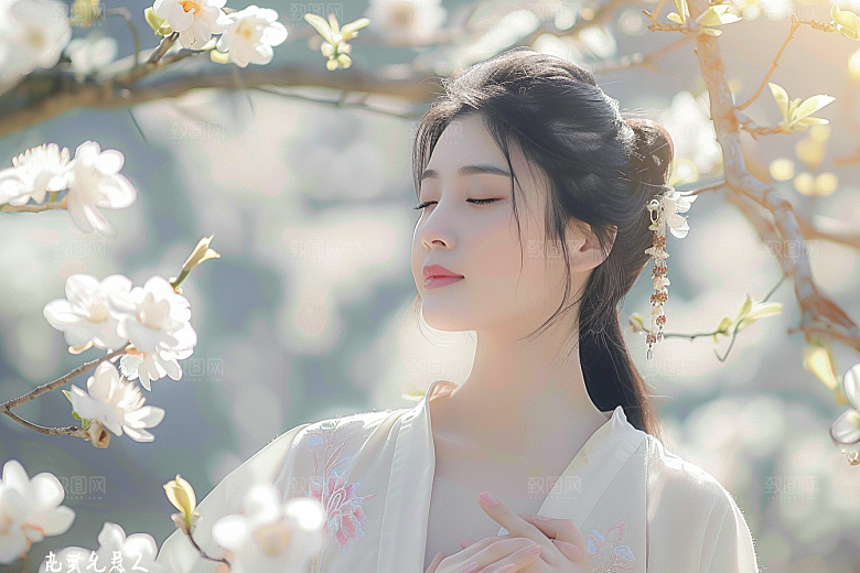 花卉汉服人物花丛园林摄影图