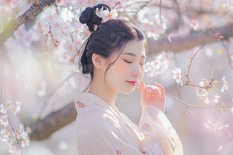 花卉汉服人物唯美浪漫摄影图