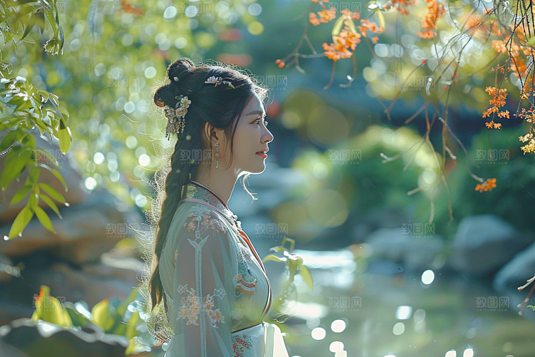 花卉汉服人物人像花丛摄影图