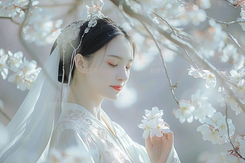花卉汉服人物中式花丛摄影图