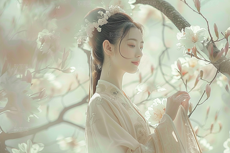 花卉汉服人物中式园林摄影图