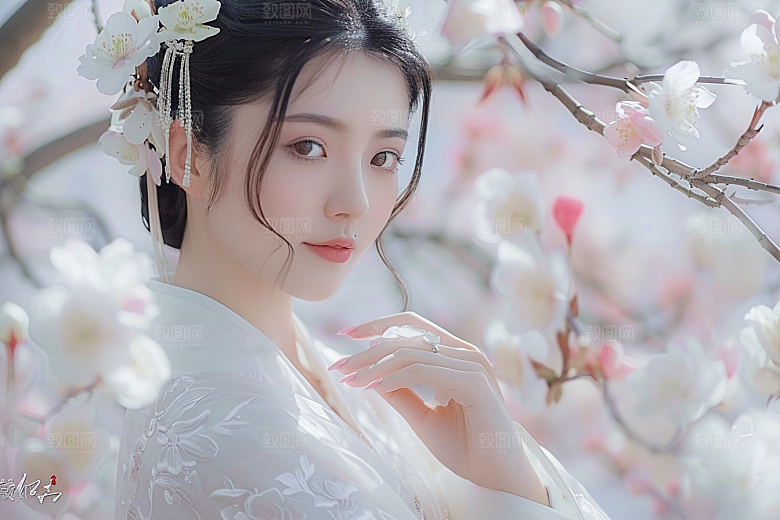 花卉汉服人物美景中式摄影图
