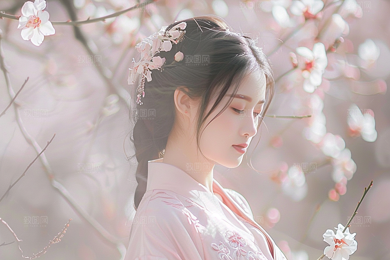 花卉汉服人物美女园林摄影图