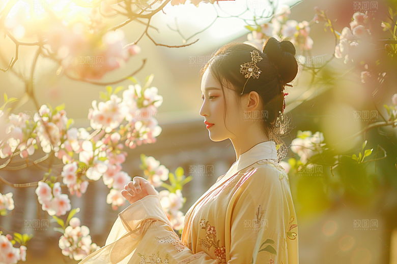 花卉汉服人物美女美景摄影图