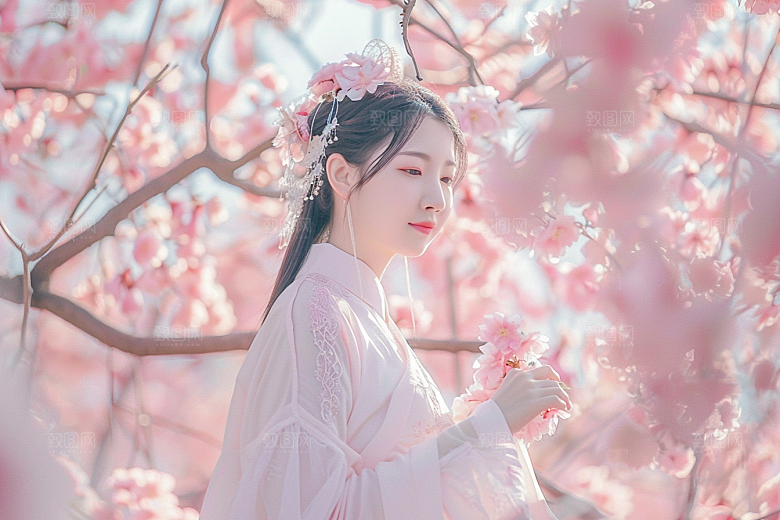 花卉汉服人物唯美园林摄影图