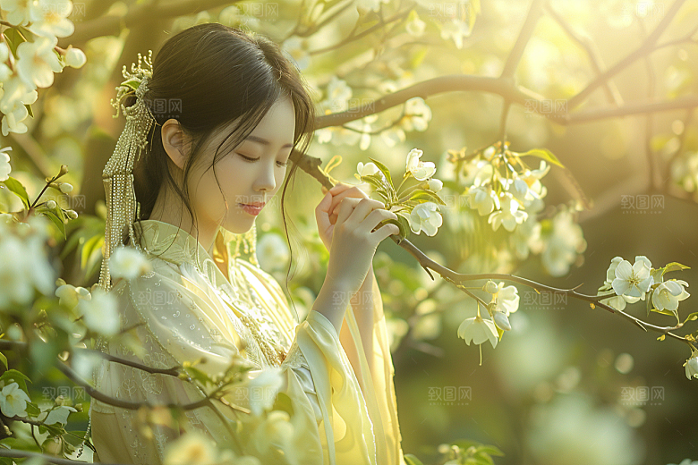 花卉汉服人物园林中式摄影图