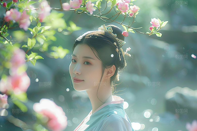 花卉汉服人物美景人像摄影图